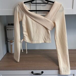 Sabo Ribbed Wrap Top Asymmetric Womens S Cream Ruched Long Sleeve Crop Resort